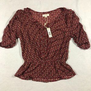 Max Studio Top Womens XS Geometric Floral Print Short Sleeve Blouse Red NEW $98